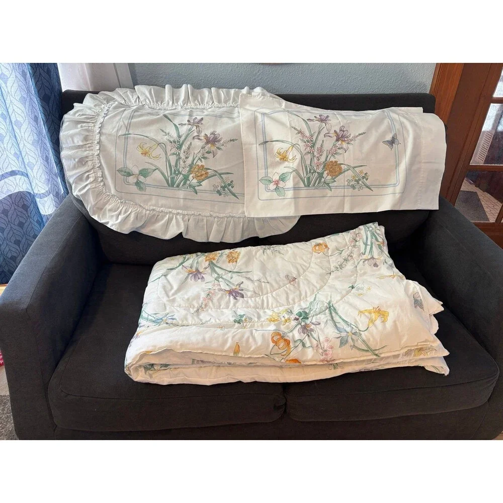 JCPenney vtg iris floral butterfly twin comforter quilt pillowcase sham set